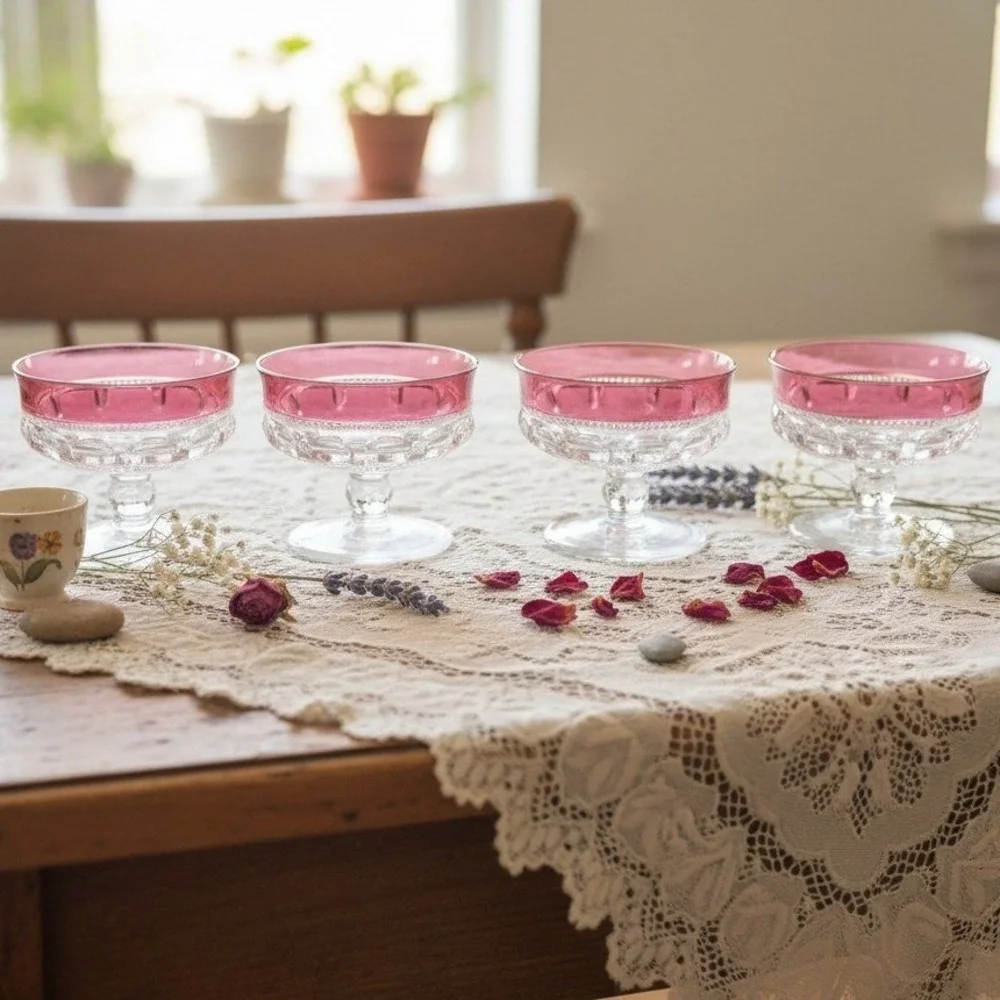 Tiffin Franciscan Kings Crown‎ Dessert Cups, Set of 4, Vtg Pedestal Thumbprint